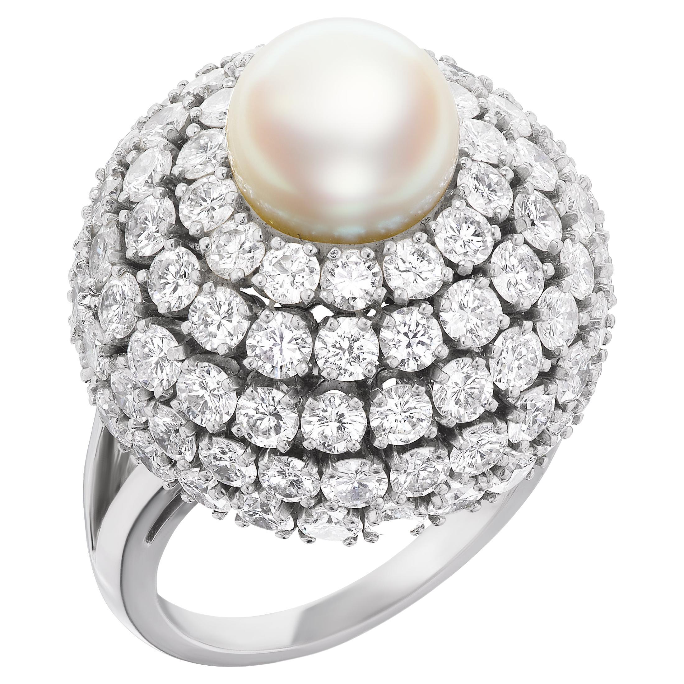 1960's Pearl and Diamond Bombe Ring in Platinum For Sale