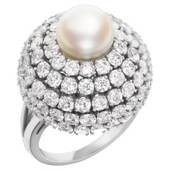 1960's Pearl and Diamond Bombe Ring in Platinum