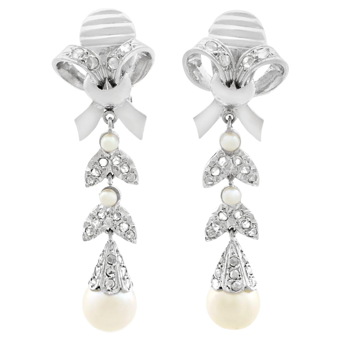 Vintage 1960s 18k White Gold Pearl and Diamond Drop Earrings, 0.54ct For Sale