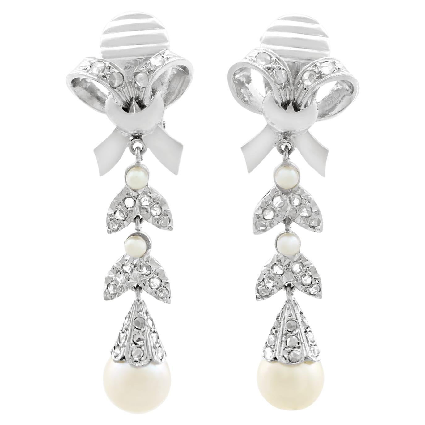 1960s Pearl and Diamond White Gold Drop Earrings For Sale