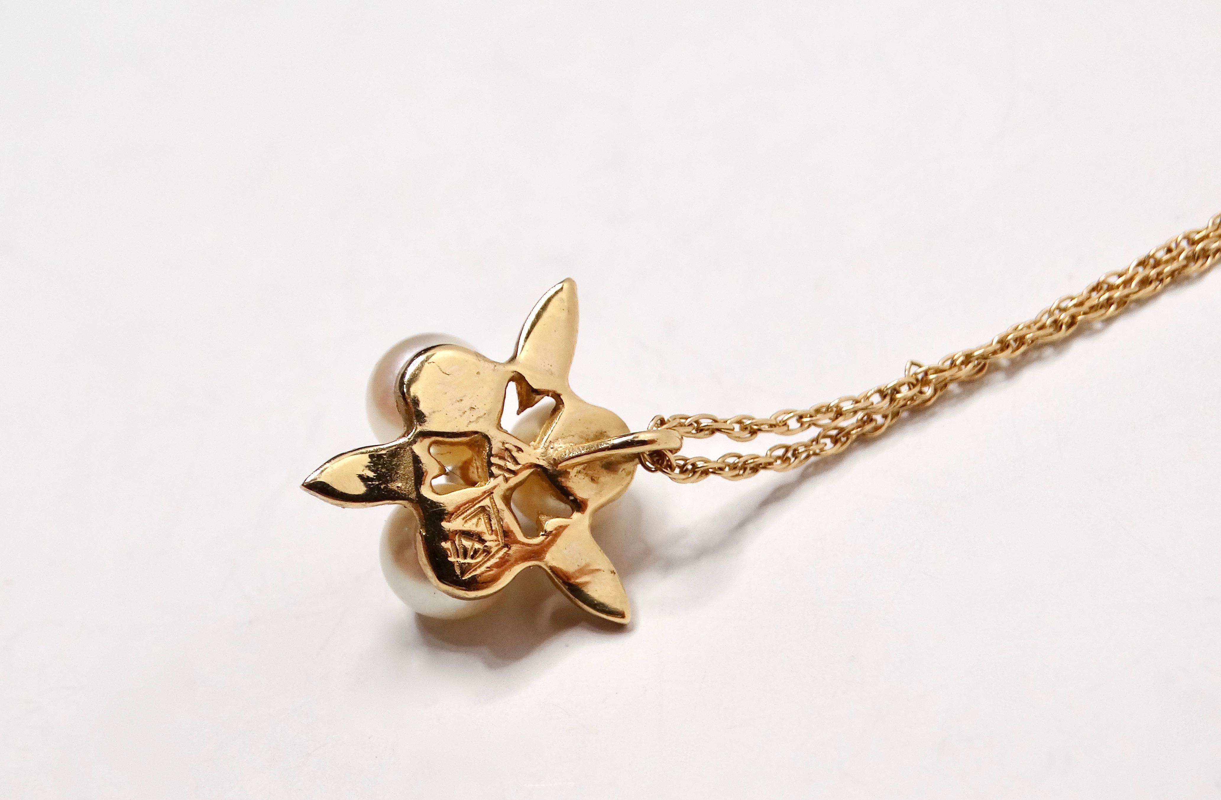 Women's 1960s Pearl Cluster Flower 14k Gold Chain Pendant Necklace With Diamond For Sale