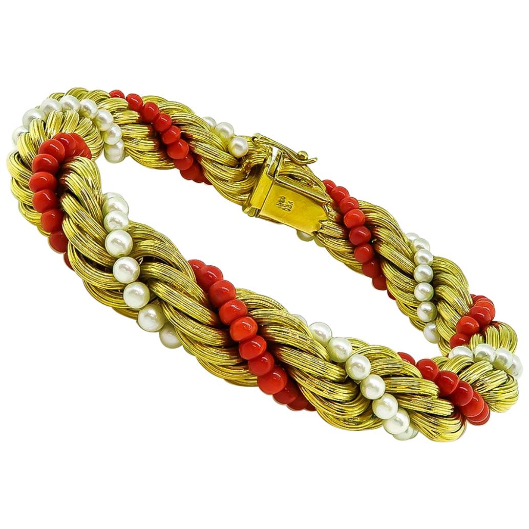 1960s Pearl Coral Gold Bracelet