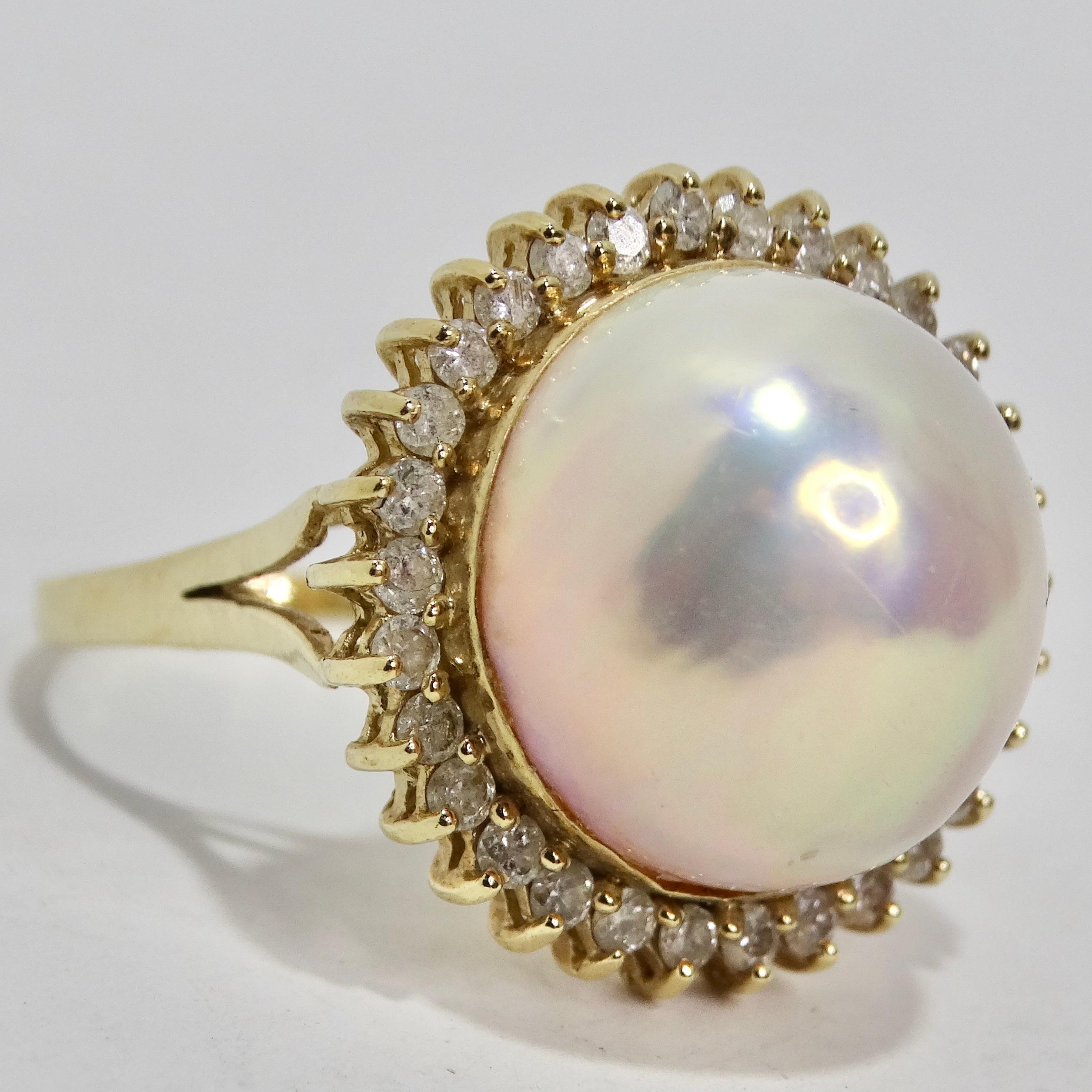 1960s Pearl Diamond 14K Cocktail Gold Ring For Sale 5