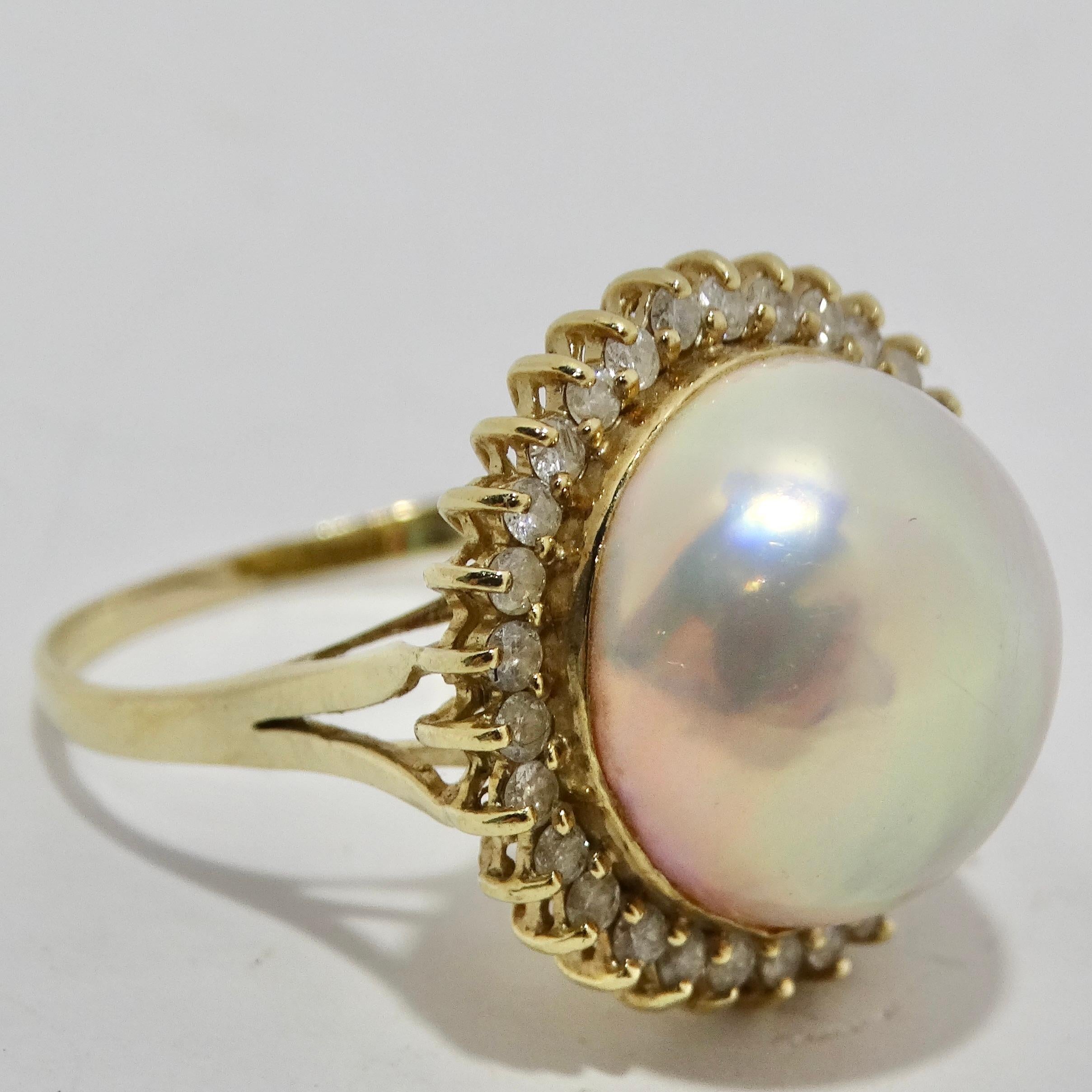 Round Cut 1960s Pearl Diamond 14K Cocktail Gold Ring For Sale