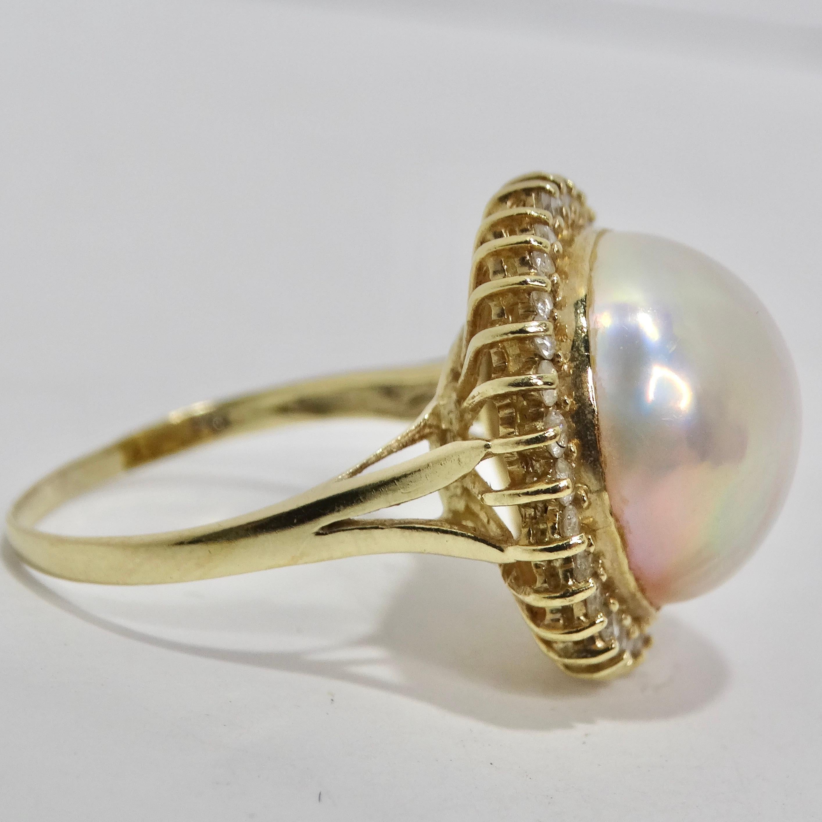 1960s Pearl Diamond 14K Cocktail Gold Ring In Excellent Condition For Sale In Scottsdale, AZ