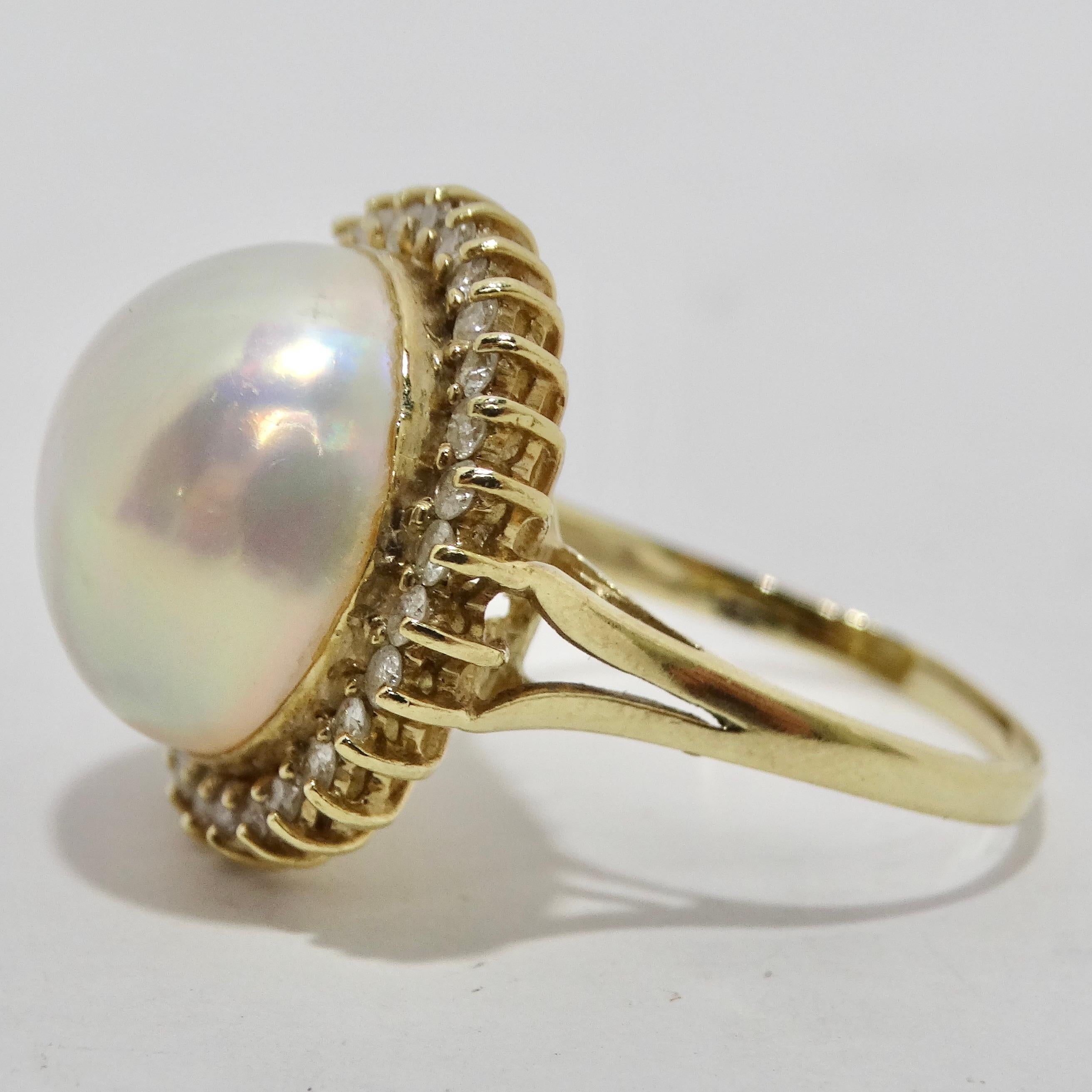 1960s Pearl Diamond 14K Cocktail Gold Ring For Sale 2