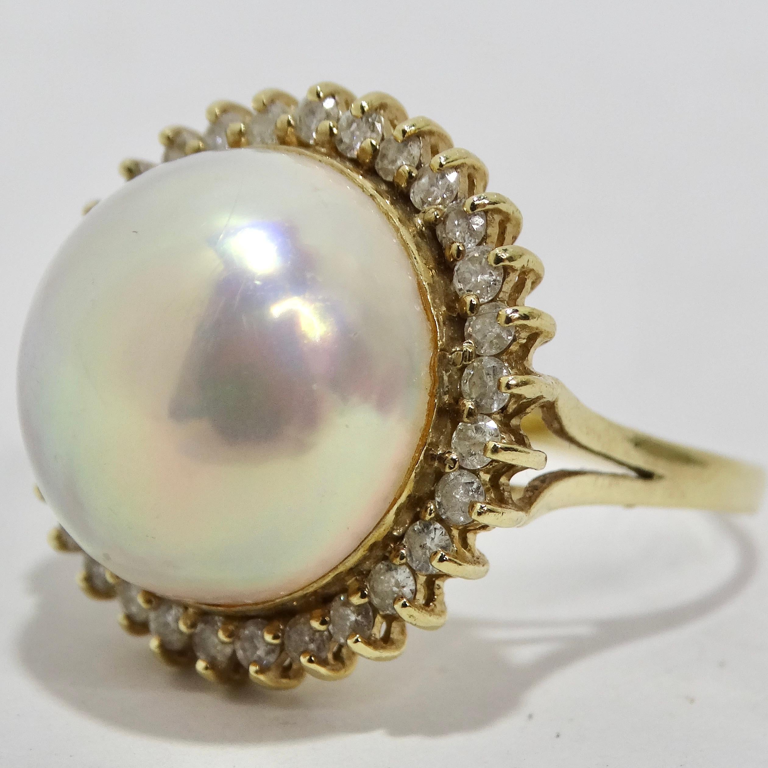 1960s Pearl Diamond 14K Cocktail Gold Ring For Sale 3