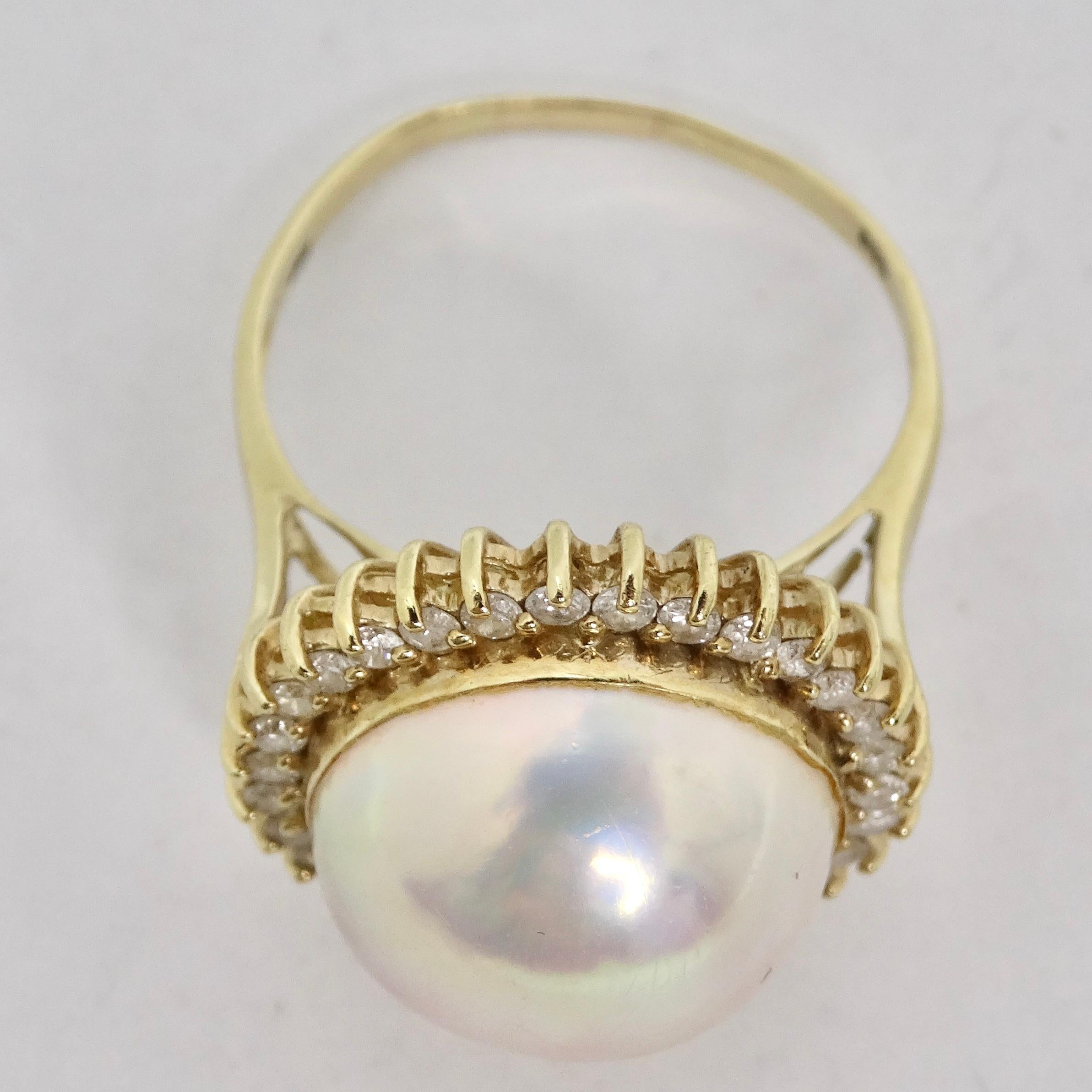 1960s Pearl Diamond 14K Cocktail Gold Ring For Sale 4