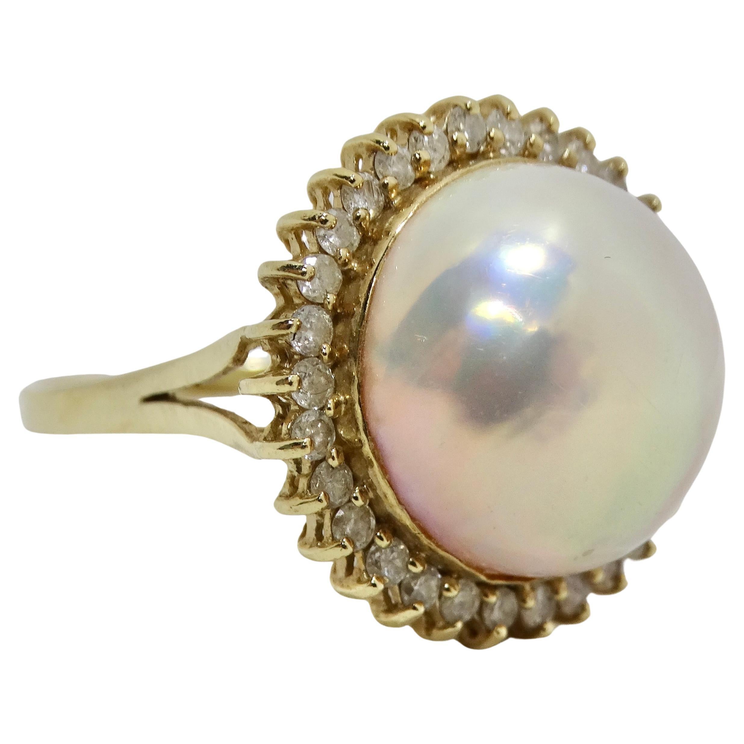 1960s Pearl Diamond 14K Cocktail Gold Ring For Sale