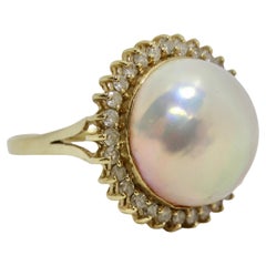 Vintage 1960s Pearl Diamond 14K Cocktail Gold Ring