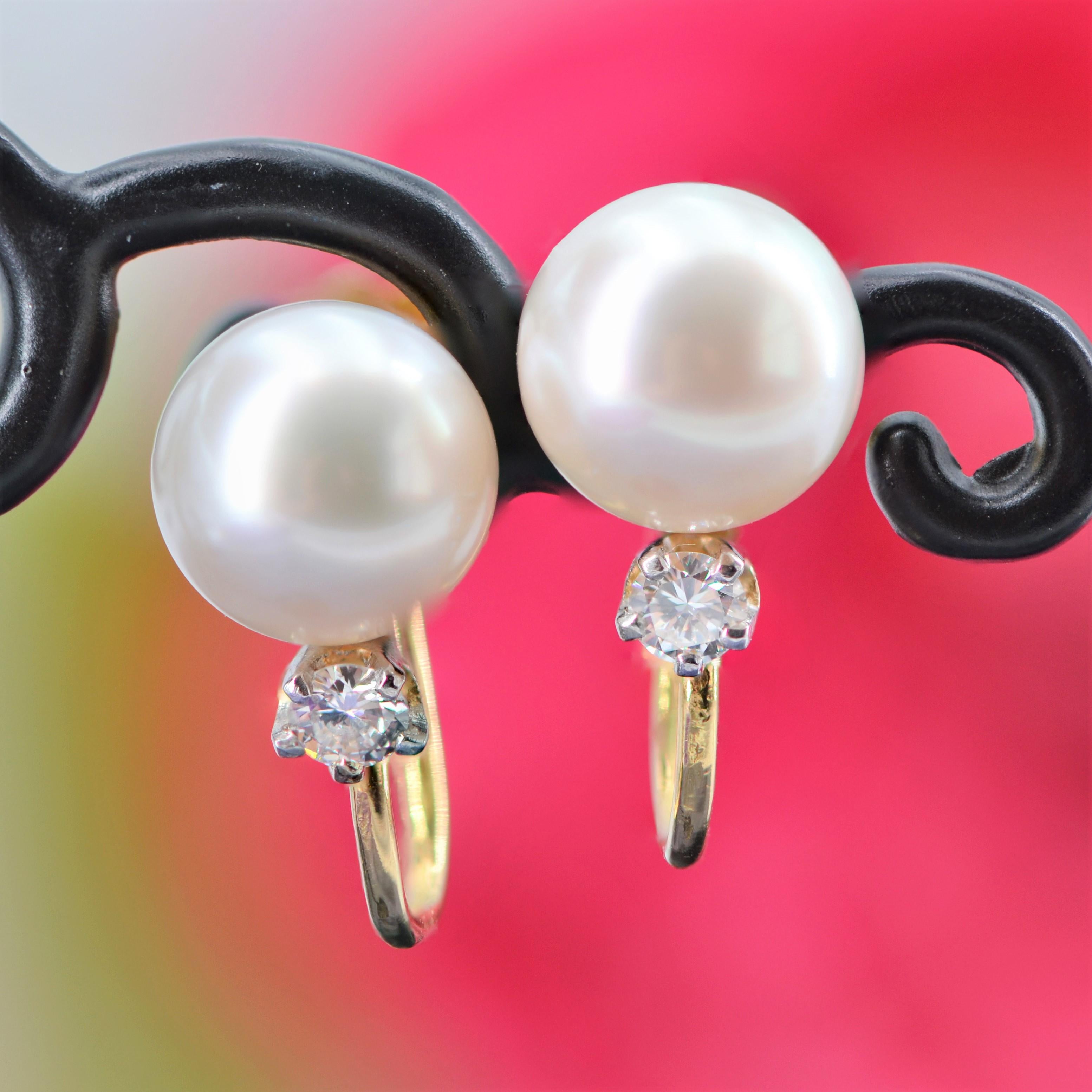 Ohrringe aus 18 Karat Gelbgold mit Perlen und Diamanten aus den 1960er Jahren fr nicht gewlbte Ohrringe im Angebot 3