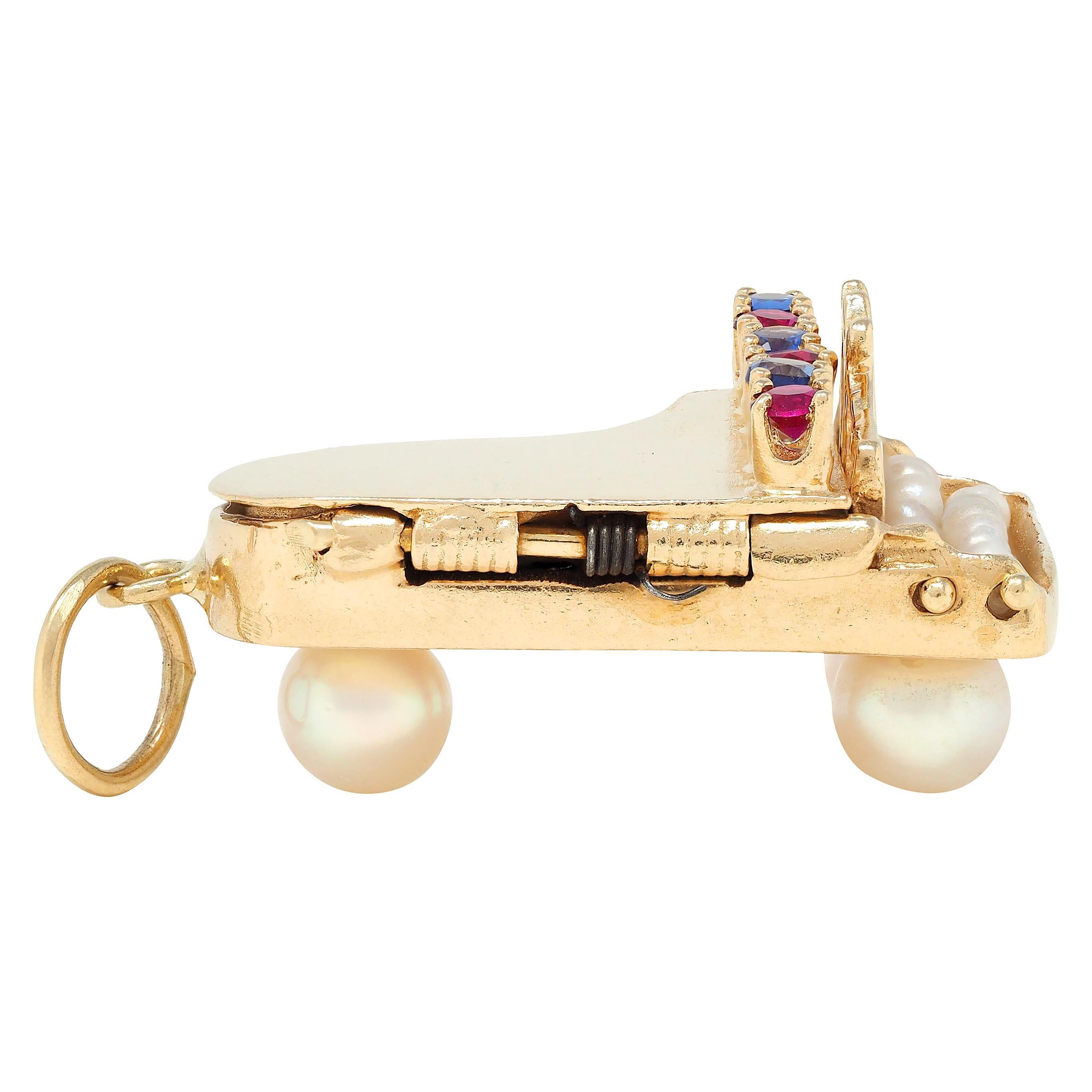 Modern 1960's Pearl Multi-Gem 14 Karat Yellow Gold Vintage Grand Piano Pendant Charm For Sale