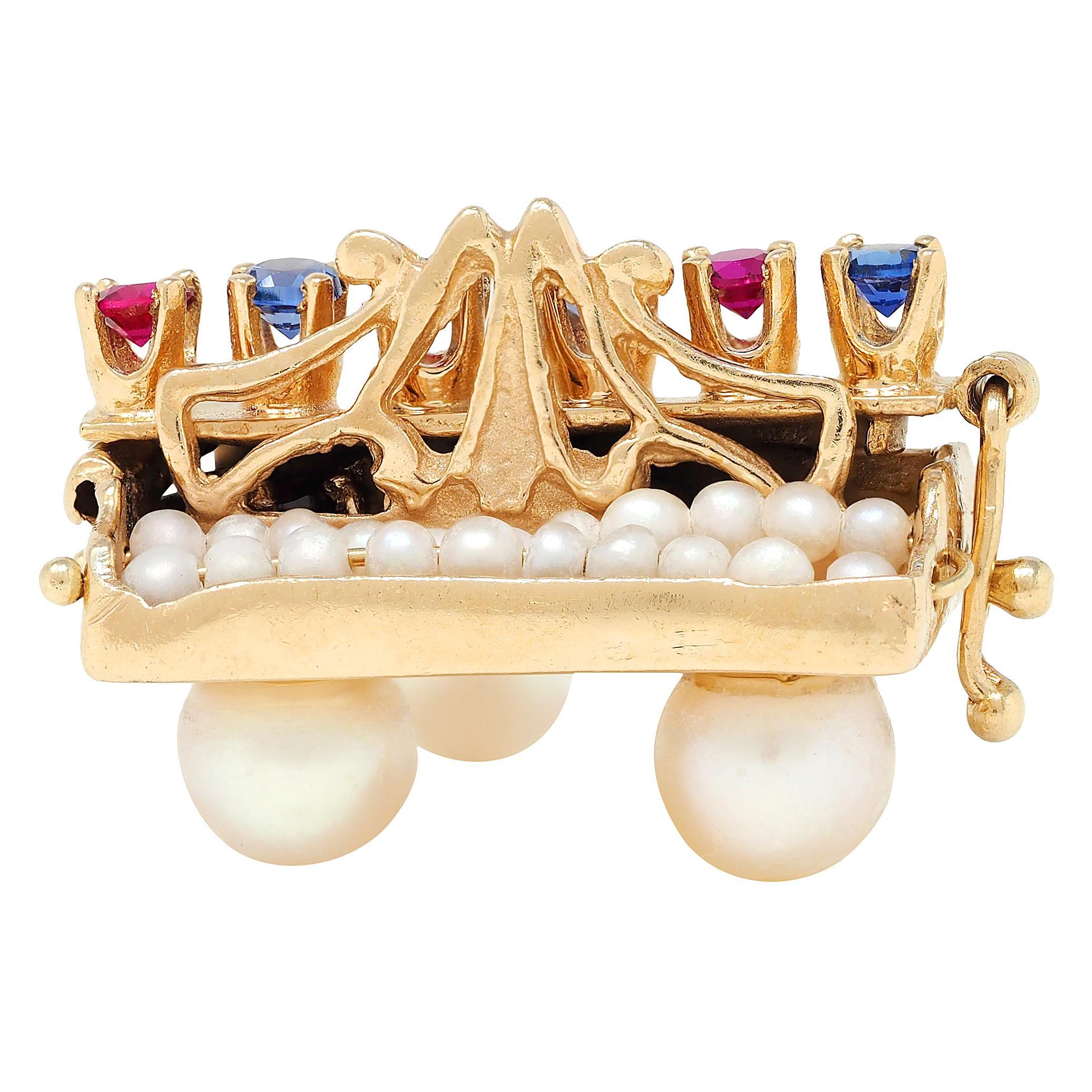 Round Cut 1960's Pearl Multi-Gem 14 Karat Yellow Gold Vintage Grand Piano Pendant Charm For Sale