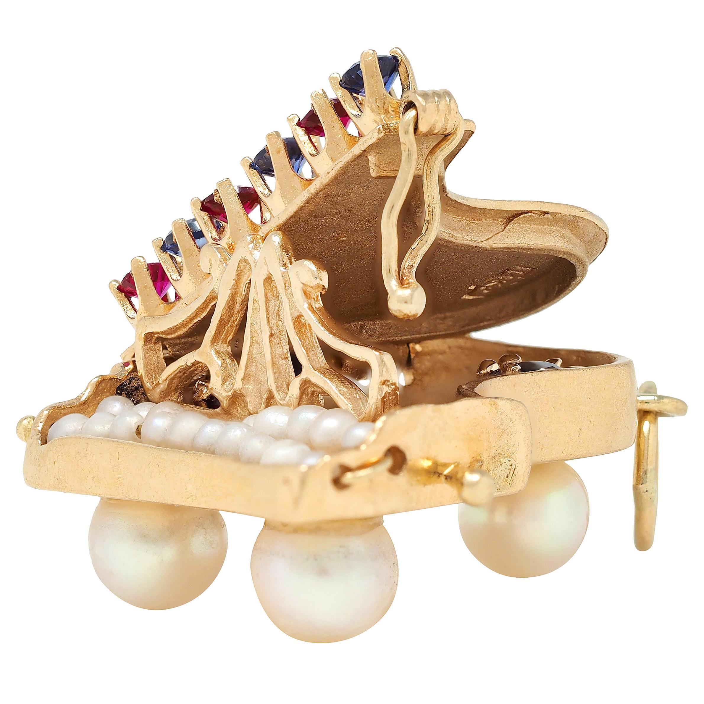 Women's or Men's 1960's Pearl Multi-Gem 14 Karat Yellow Gold Vintage Grand Piano Pendant Charm For Sale