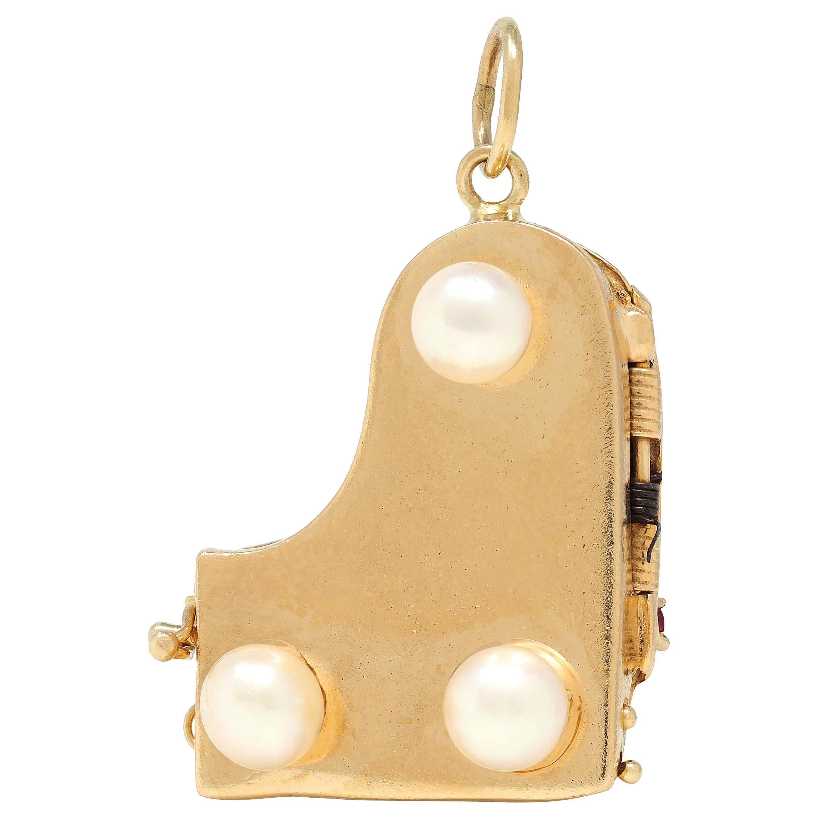 1960's Pearl Multi-Gem 14 Karat Yellow Gold Vintage Grand Piano Pendant Charm For Sale 1