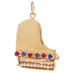 1960's Pearl Multi-Gem 14 Karat Yellow Gold Vintage Grand Piano Pendant Charm