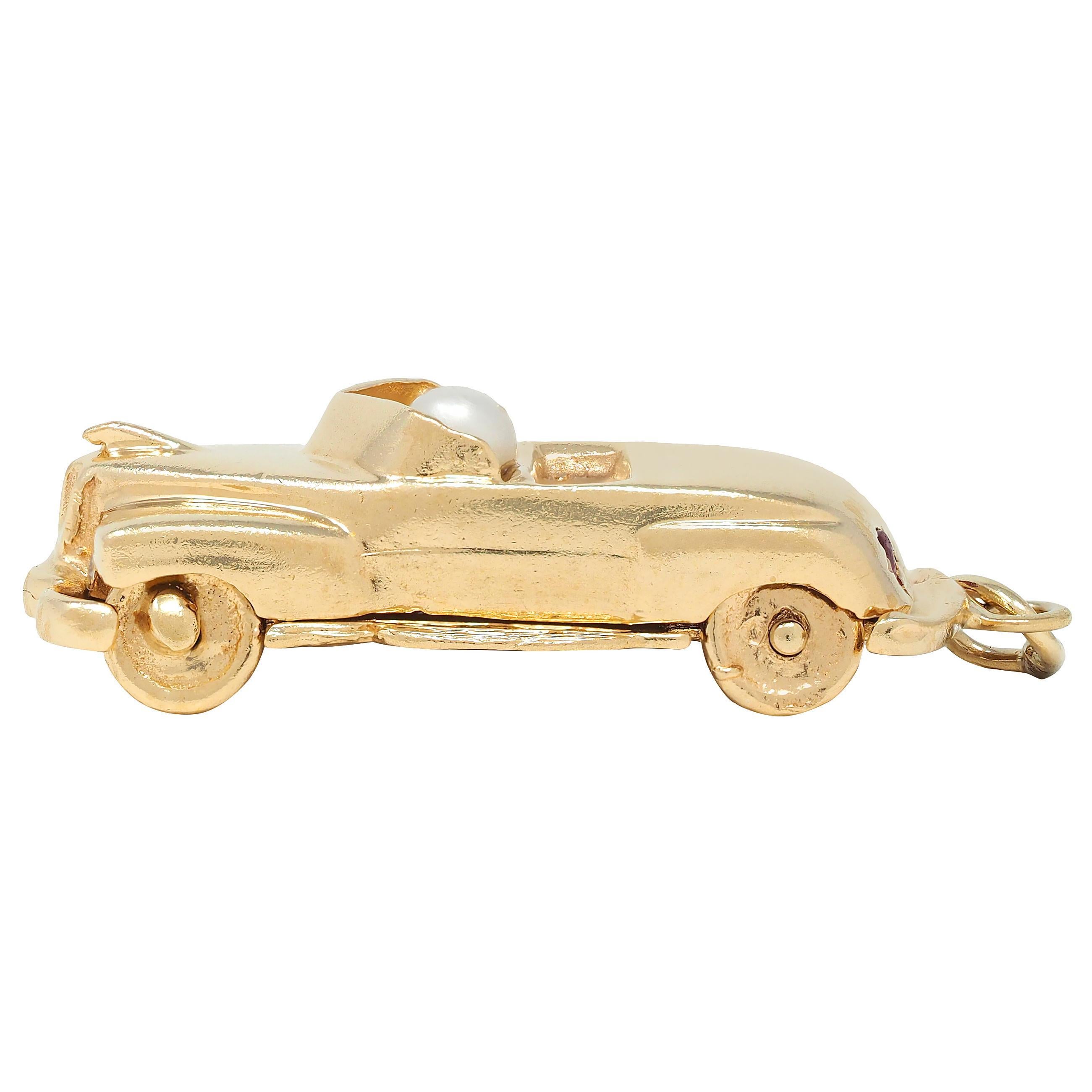 Round Cut 1960's Pearl Ruby Diamond 14 Karat Yellow Gold Vintage Car Pendant Charm For Sale