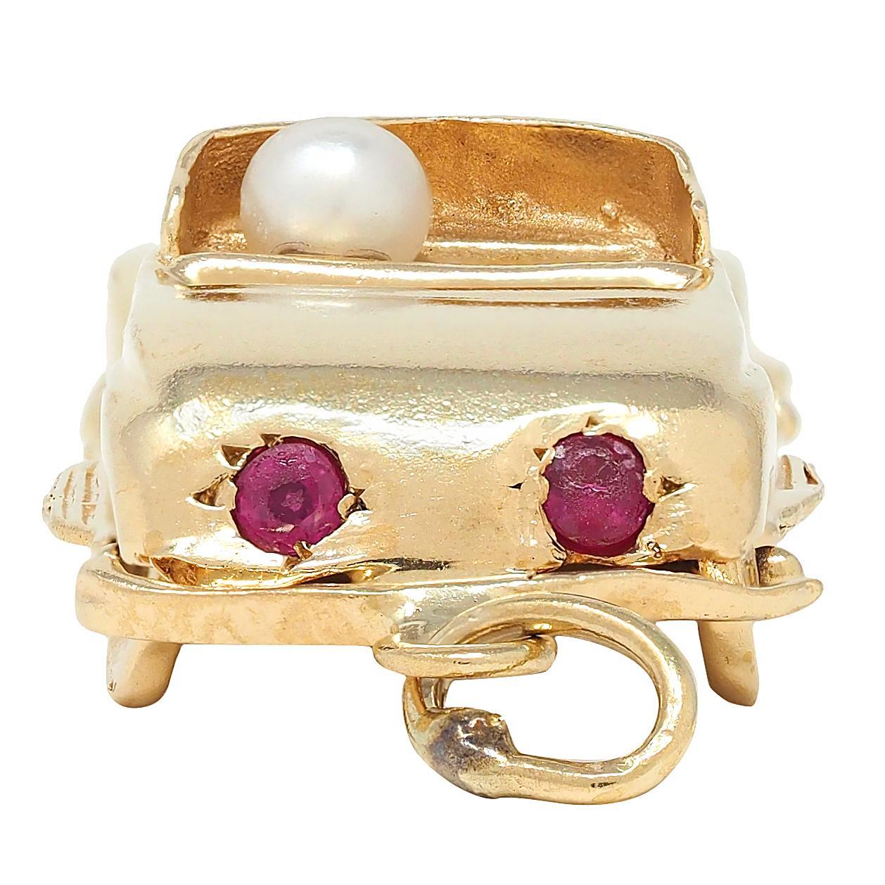 1960's Pearl Ruby Diamond 14 Karat Yellow Gold Vintage Car Pendant Charm In Excellent Condition For Sale In Philadelphia, PA