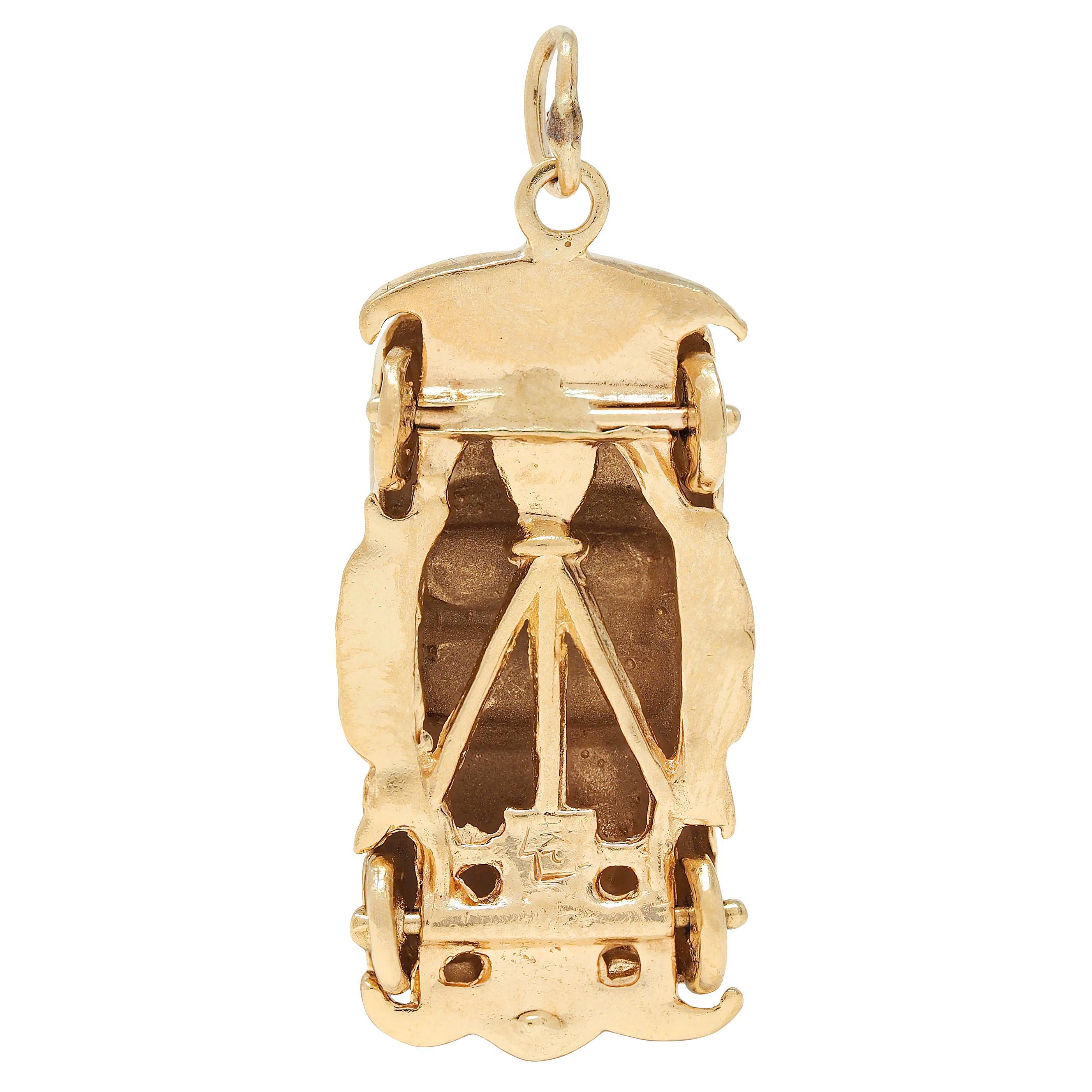 Women's or Men's 1960's Pearl Ruby Diamond 14 Karat Yellow Gold Vintage Car Pendant Charm For Sale