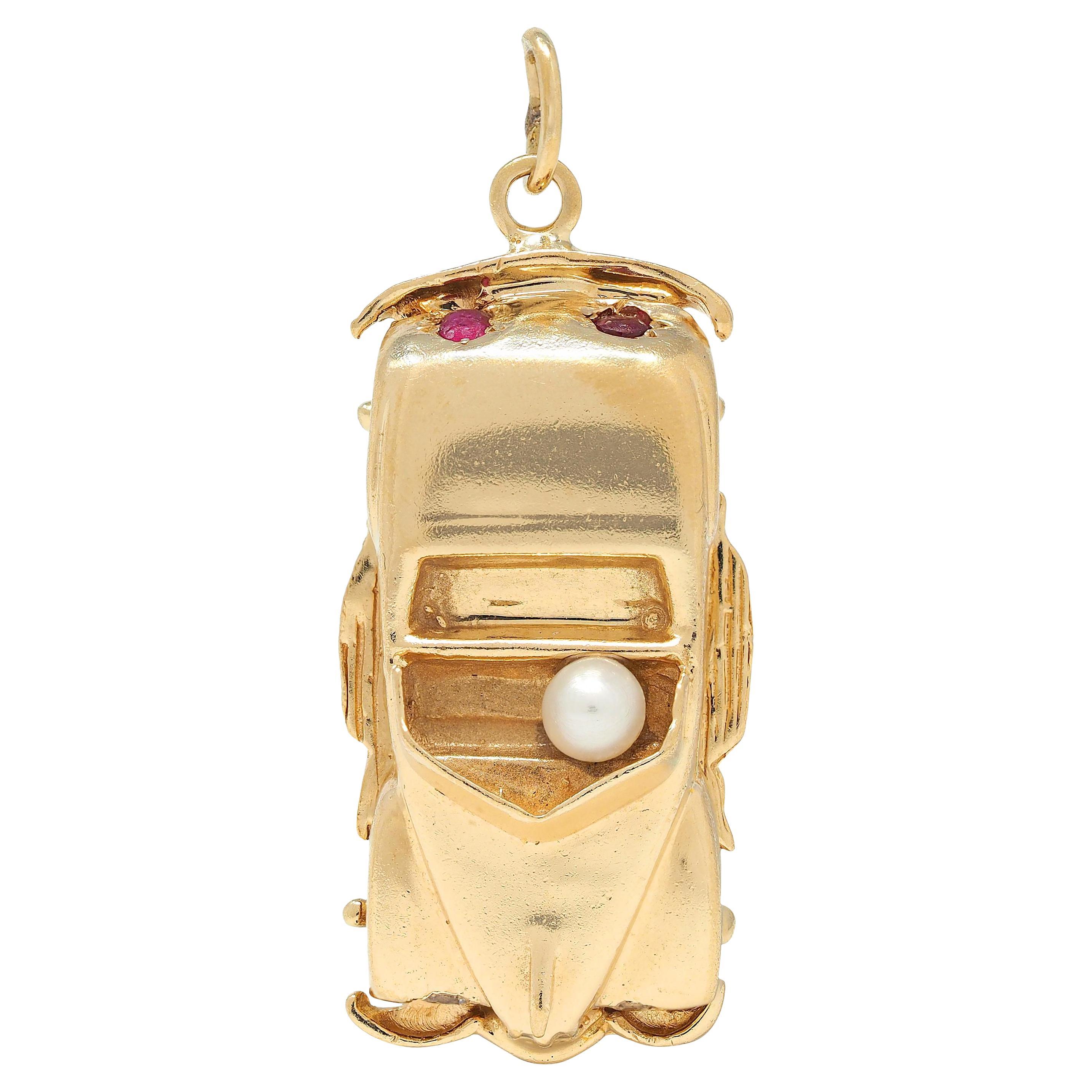 1960's Pearl Ruby Diamond 14 Karat Yellow Gold Vintage Car Pendant Charm For Sale