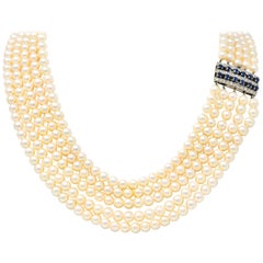 1960s Pearl Sapphire 18 Karat White Gold Five Strand Necklace