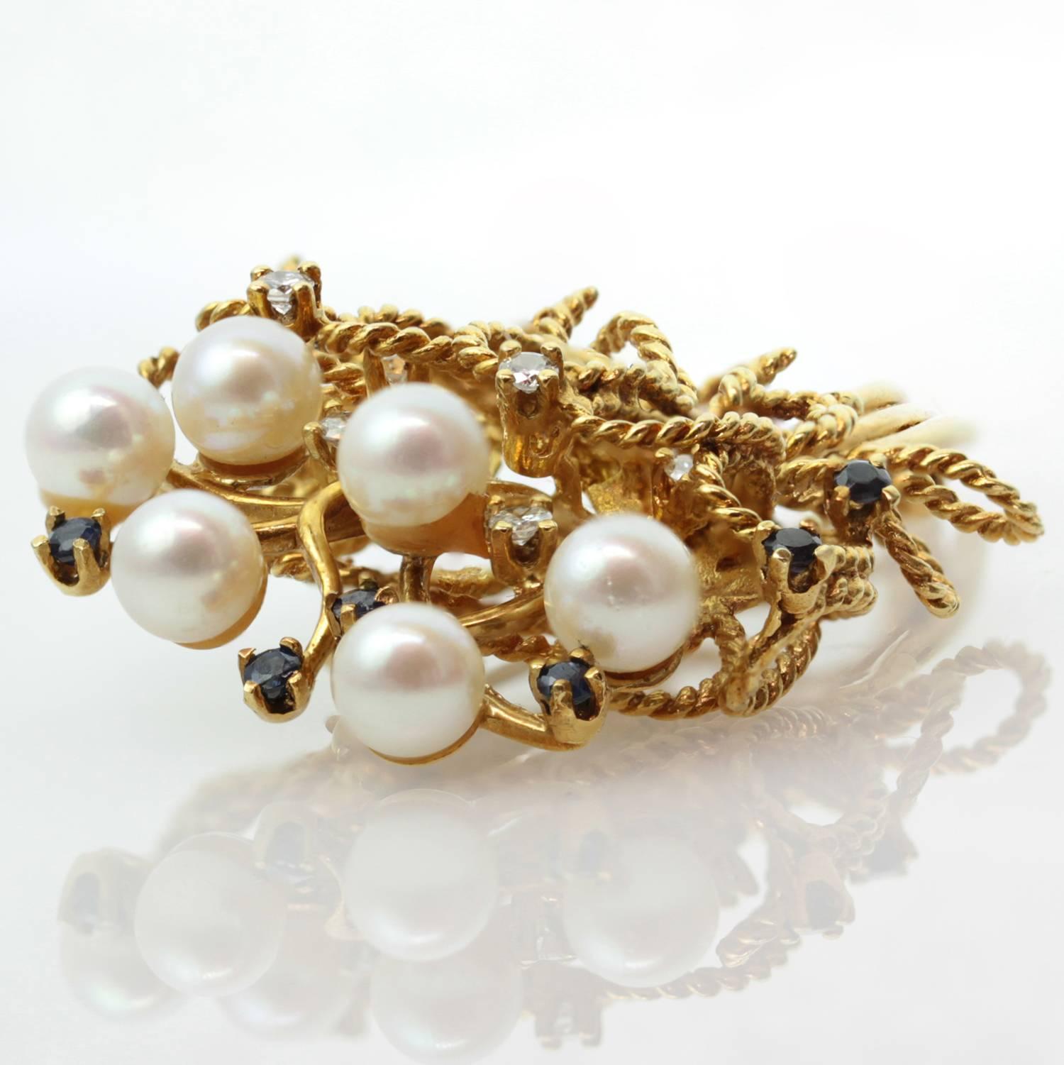 1960s Pearl Sapphire Diamond Yellow Gold Flower Bouquet Brooch In Good Condition In New York, NY