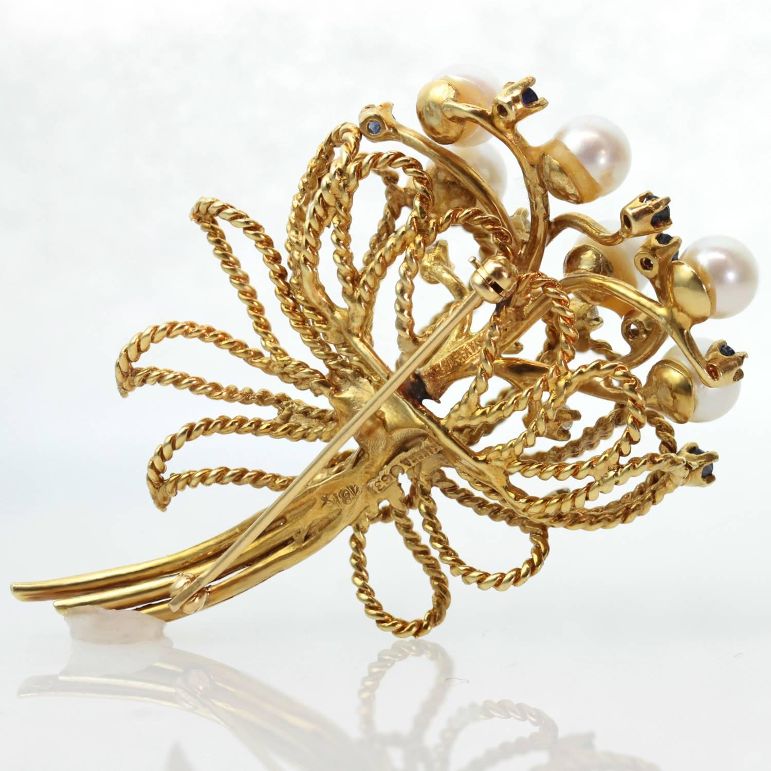 1960s Pearl Sapphire Diamond Yellow Gold Flower Bouquet Brooch 2