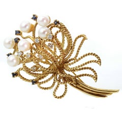 Vintage 1960s Pearl Sapphire Diamond Yellow Gold Flower Bouquet Brooch