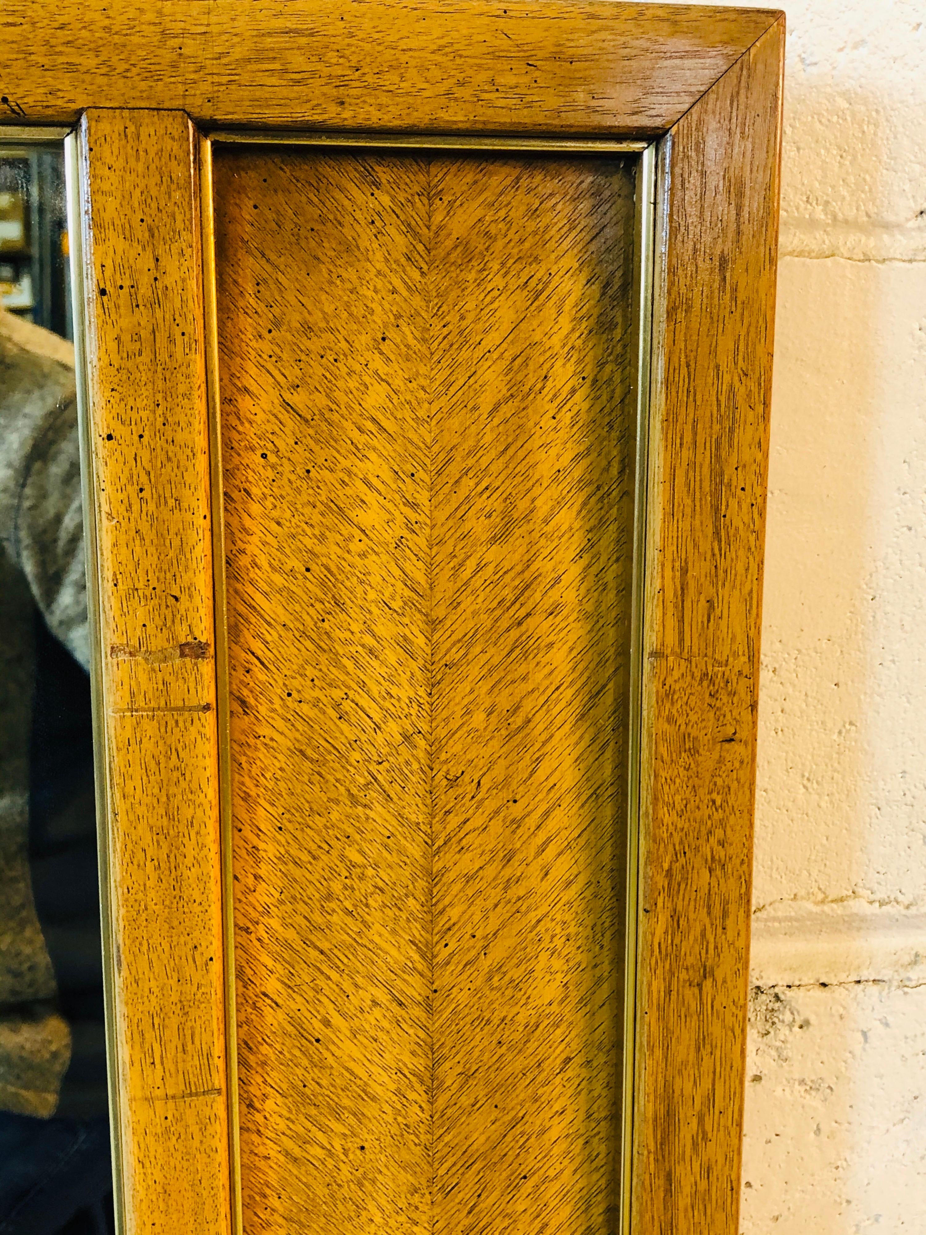 American 1960s Pecan Wood Framed Mirror with Gold Metal Accents For Sale