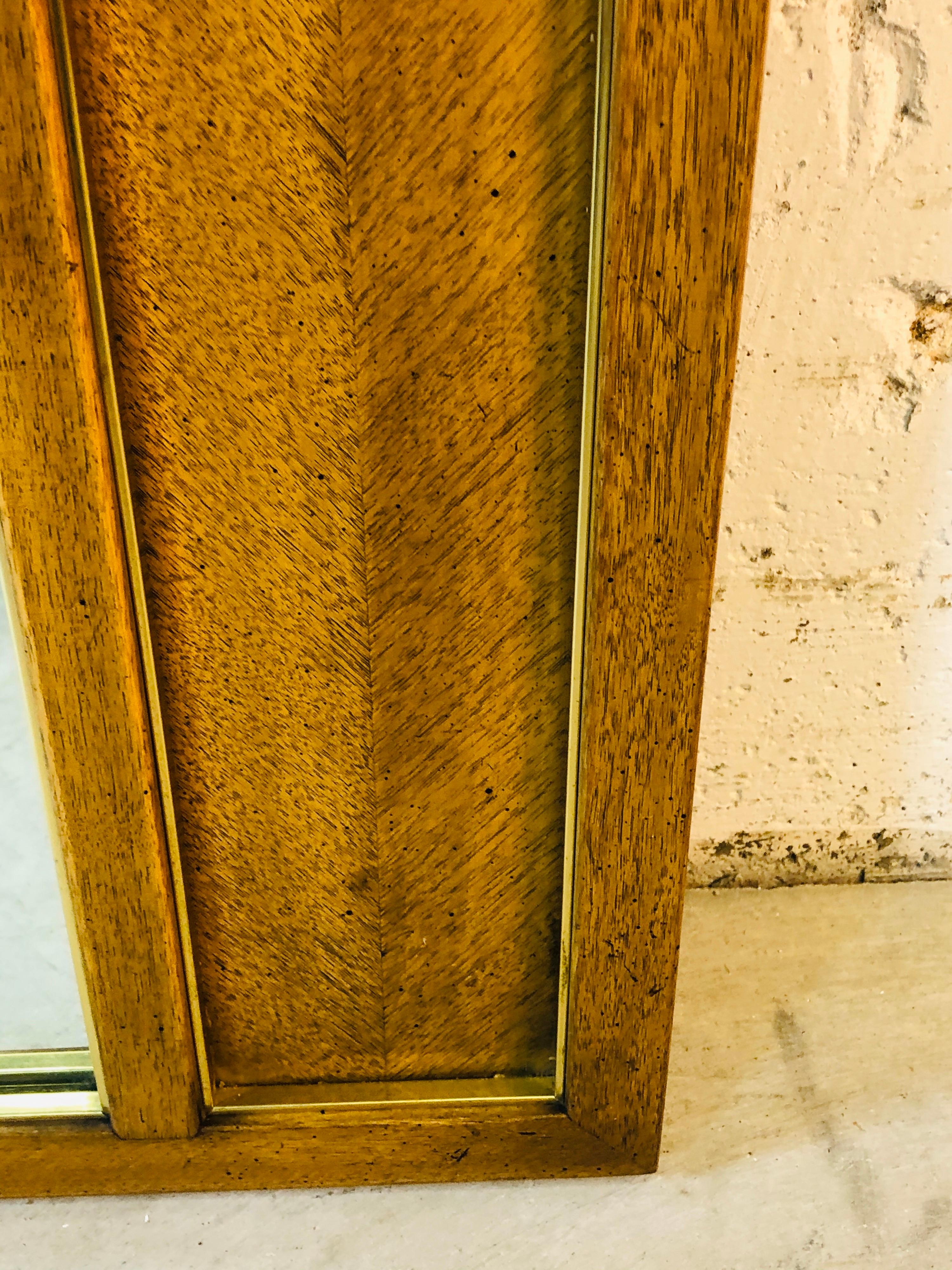 1960s Pecan Wood Framed Mirror with Gold Metal Accents In Good Condition For Sale In Amherst, NH