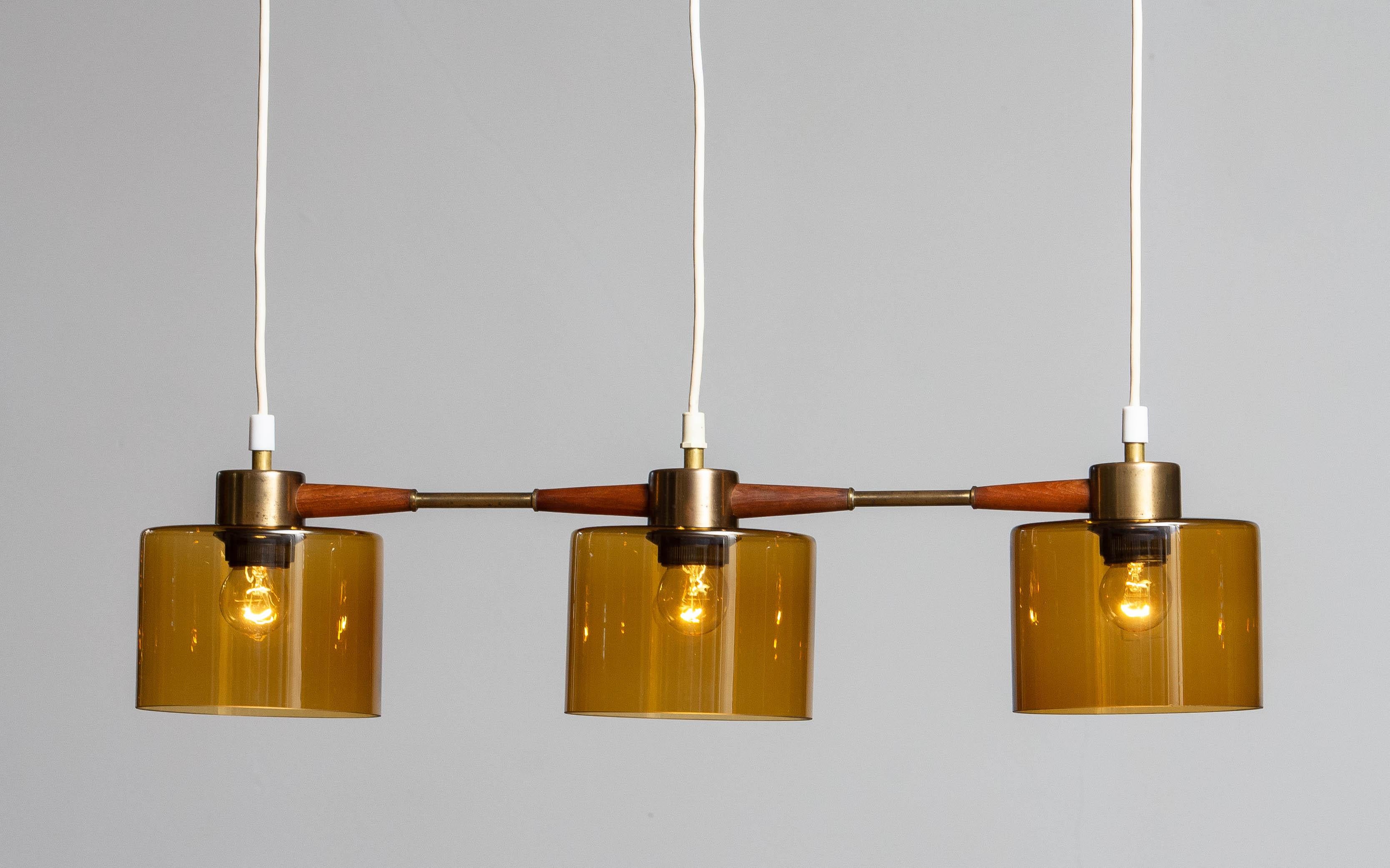 Scandinavian Modern 1960's Pendant with Amber Glass Shades by Carl Fagerlund for Orrefors Sweden