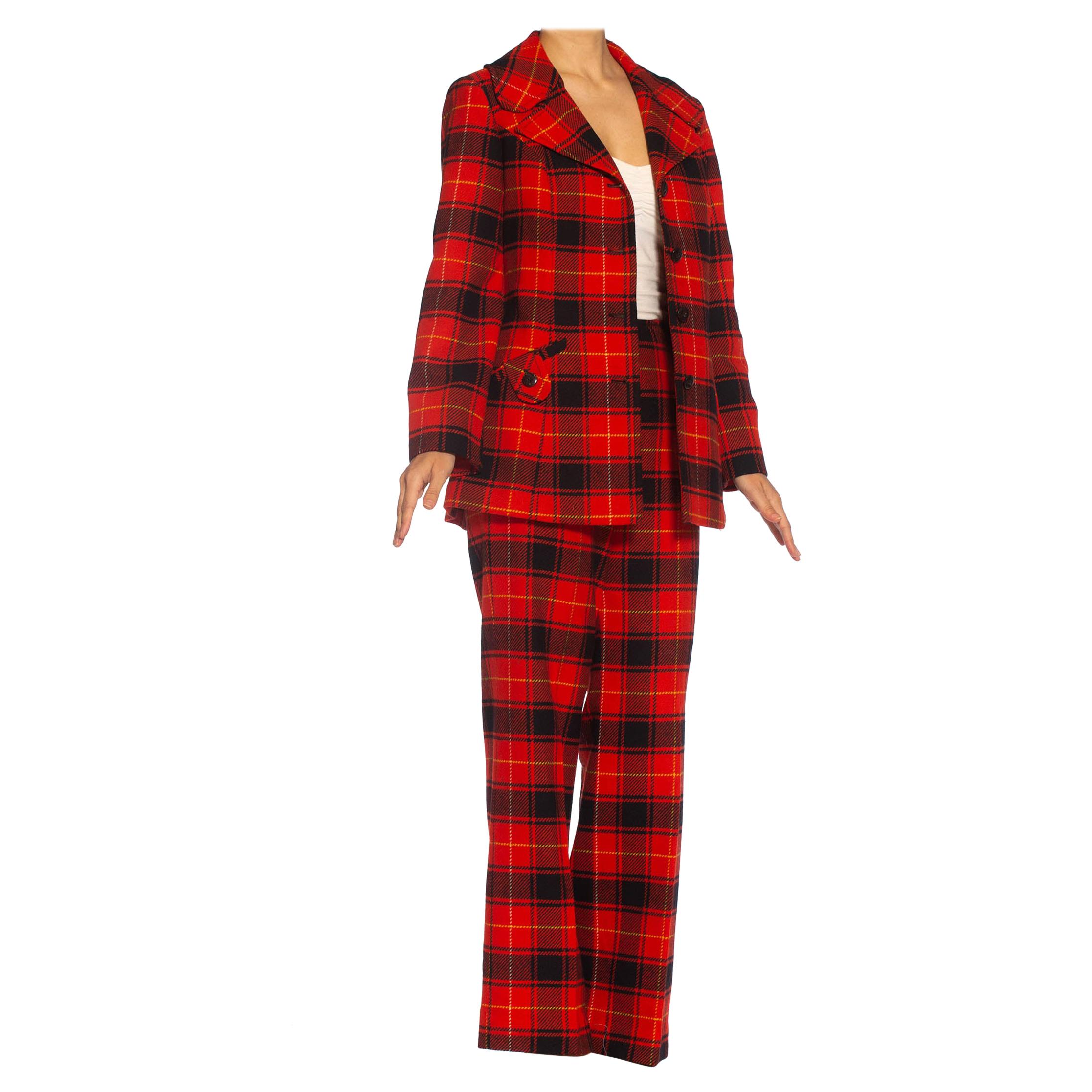 1960S PENDLETON Red & Black Plaid Wool Fully Lined, Wide Lapel Pant Suit