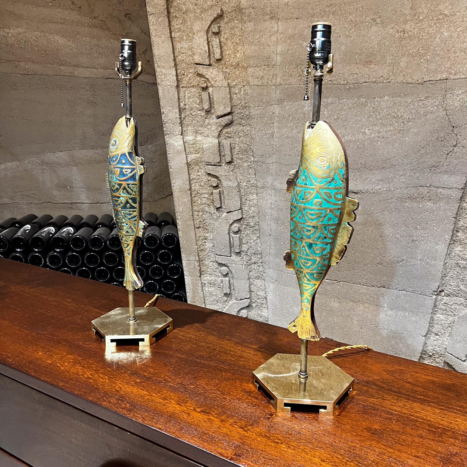 Lampes de table en bronze à motif poisson de Pepe Mendoza des années 1960, malachite et laiton, Mexique en vente 10