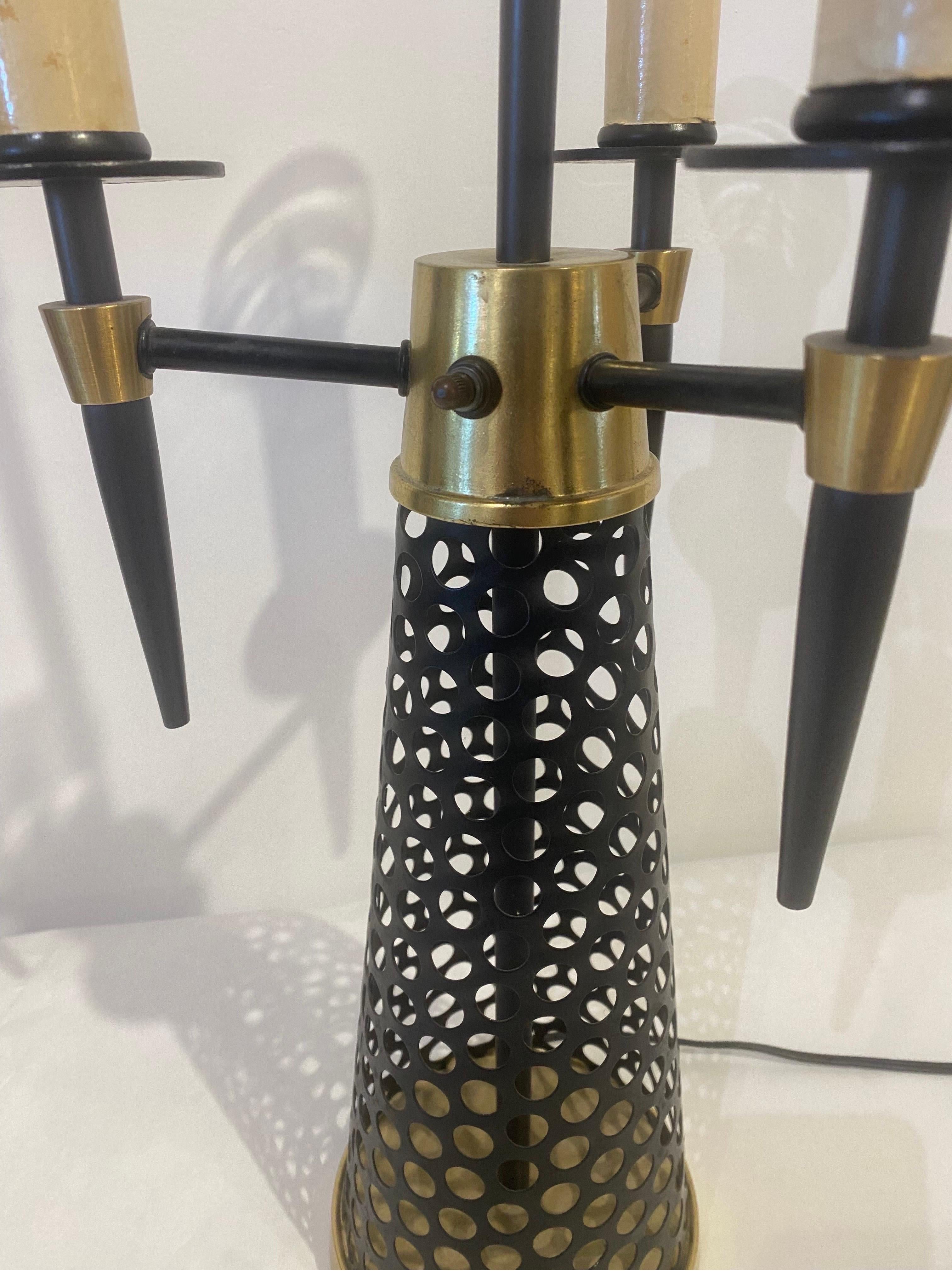 American 1960s Perforated Metal & Brass Table Lamp For Sale