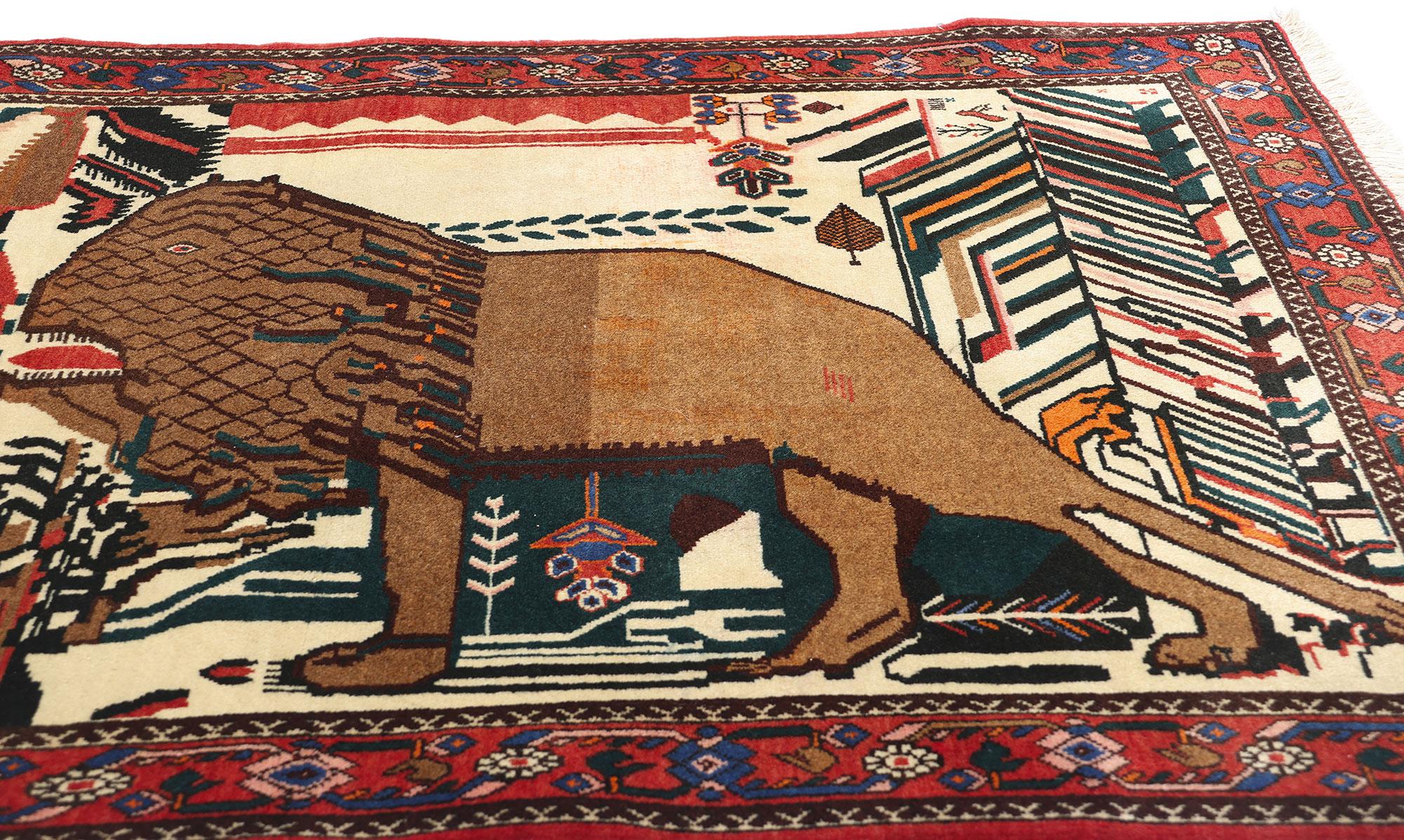 Persiano Tappeto pittorico persiano Abadeh Guardian Lion del 1960 in vendita