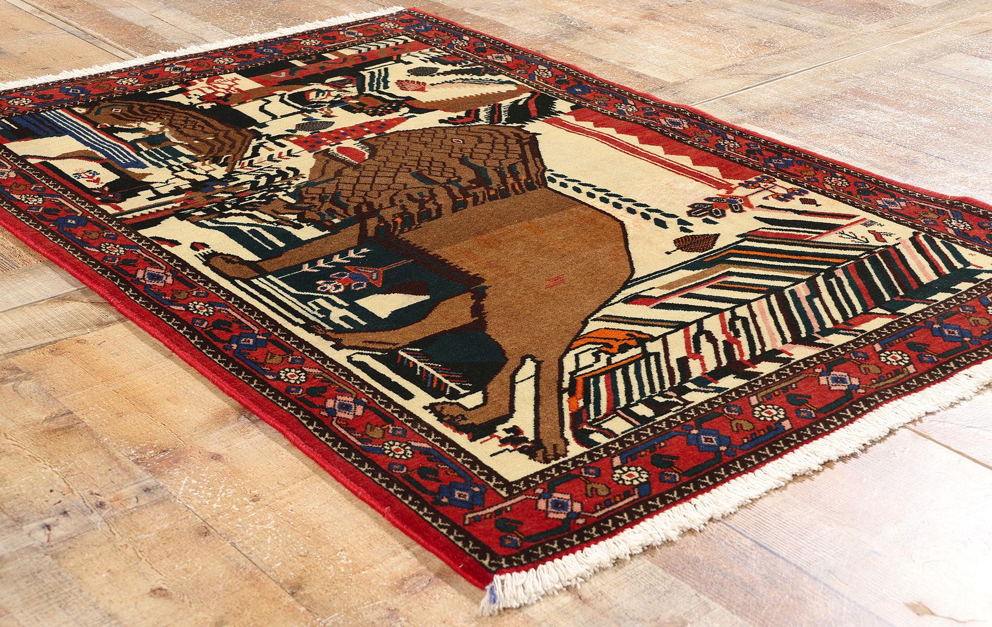 XX secolo Tappeto pittorico persiano Abadeh Guardian Lion del 1960 in vendita