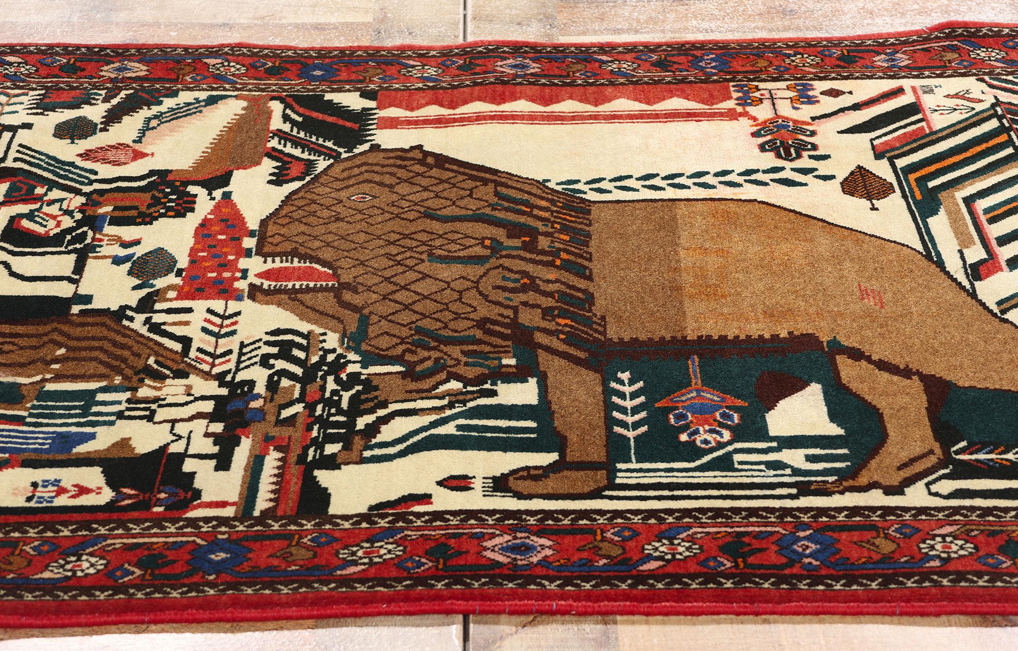 Lana Tappeto pittorico persiano Abadeh Guardian Lion del 1960 in vendita