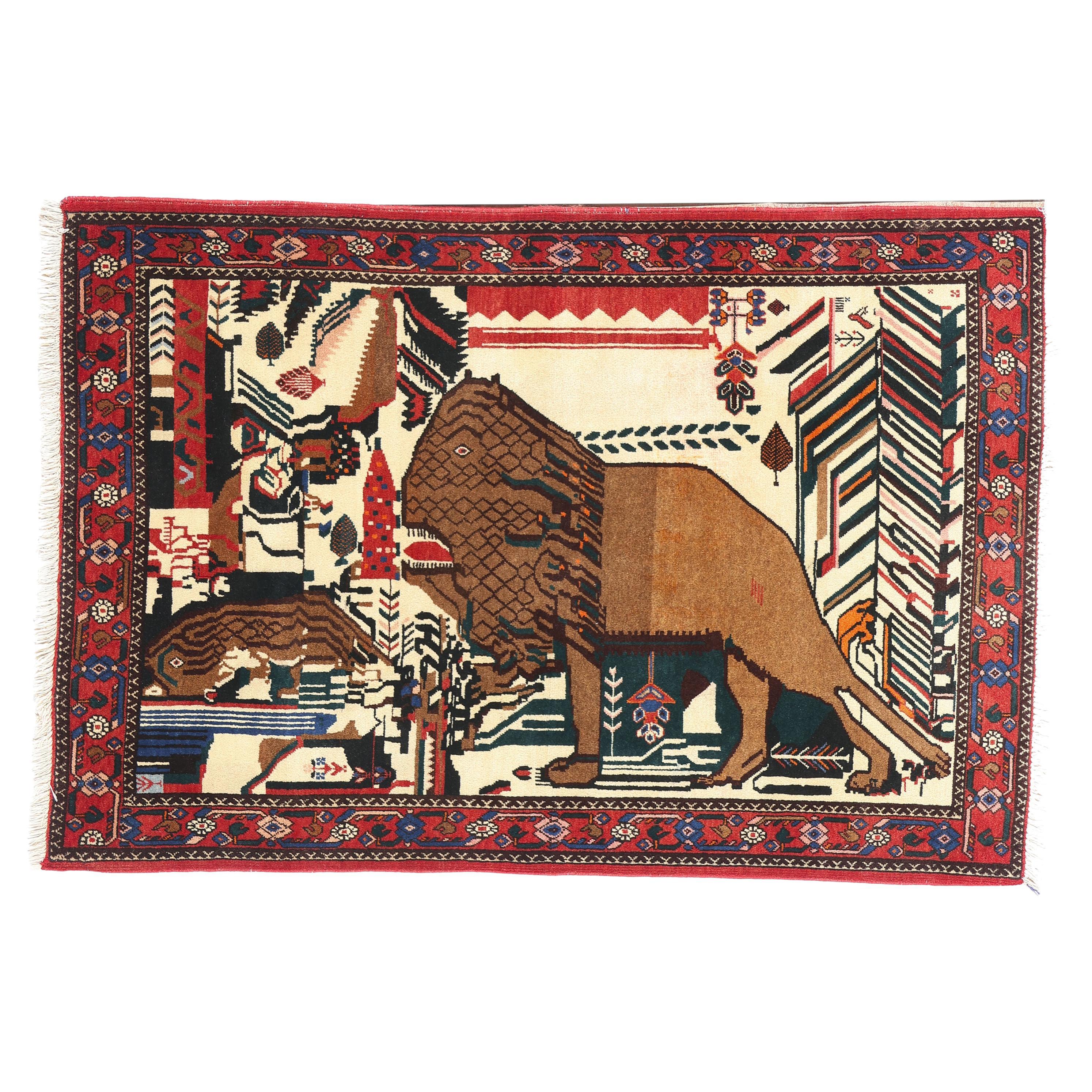Tappeto pittorico persiano Abadeh Guardian Lion del 1960