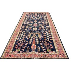 1960s Persian Hamadan Wool Area Rug, Hand-Knotted Geometric Carpet, 7′5″ × 17′2″