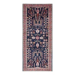1960s Persian Hamadan Wool Area Rug, Hand-Knotted Geometric Carpet, 7′5″ × 17′2″