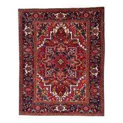 1960s Persian Heriz Wool Area Rug, Hand-Knotted Floral Carpet, 4′10" x 6'7"