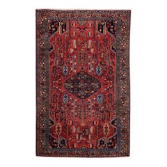 1960s Persian Heriz Wool Area Rug, Hand-Knotted Geometric Medallion Rug, 4′8″x7'