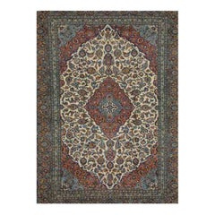 1960s Persian Kashan Wool Area Rug, Hand-Knotted Floral Design Rug, 9′7″ × 14'1"