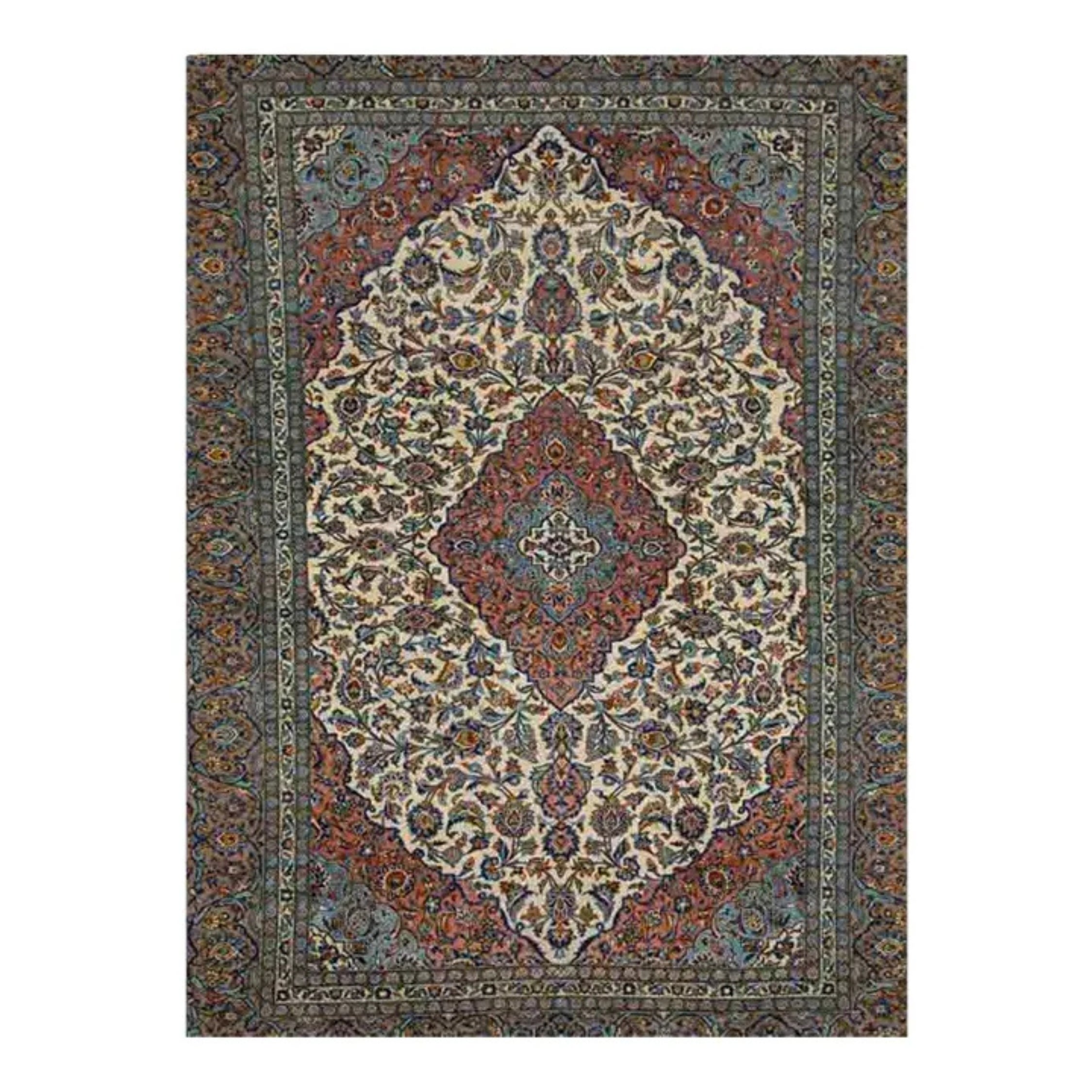 1960s Persian Kashan Wool Area Rug, Hand-Knotted Floral Design Rug, 9′7″ × 14'1"