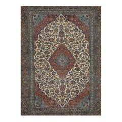 1960s Persian Kashan Wool Area Rug, Hand-Knotted Floral Design Rug, 9′7″ × 14'1"