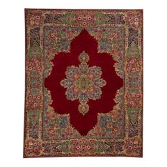 1960s Persian Kerman Wool Area Rug, Hand-Knotted Floral Rug, 9′10″ x 12'6"