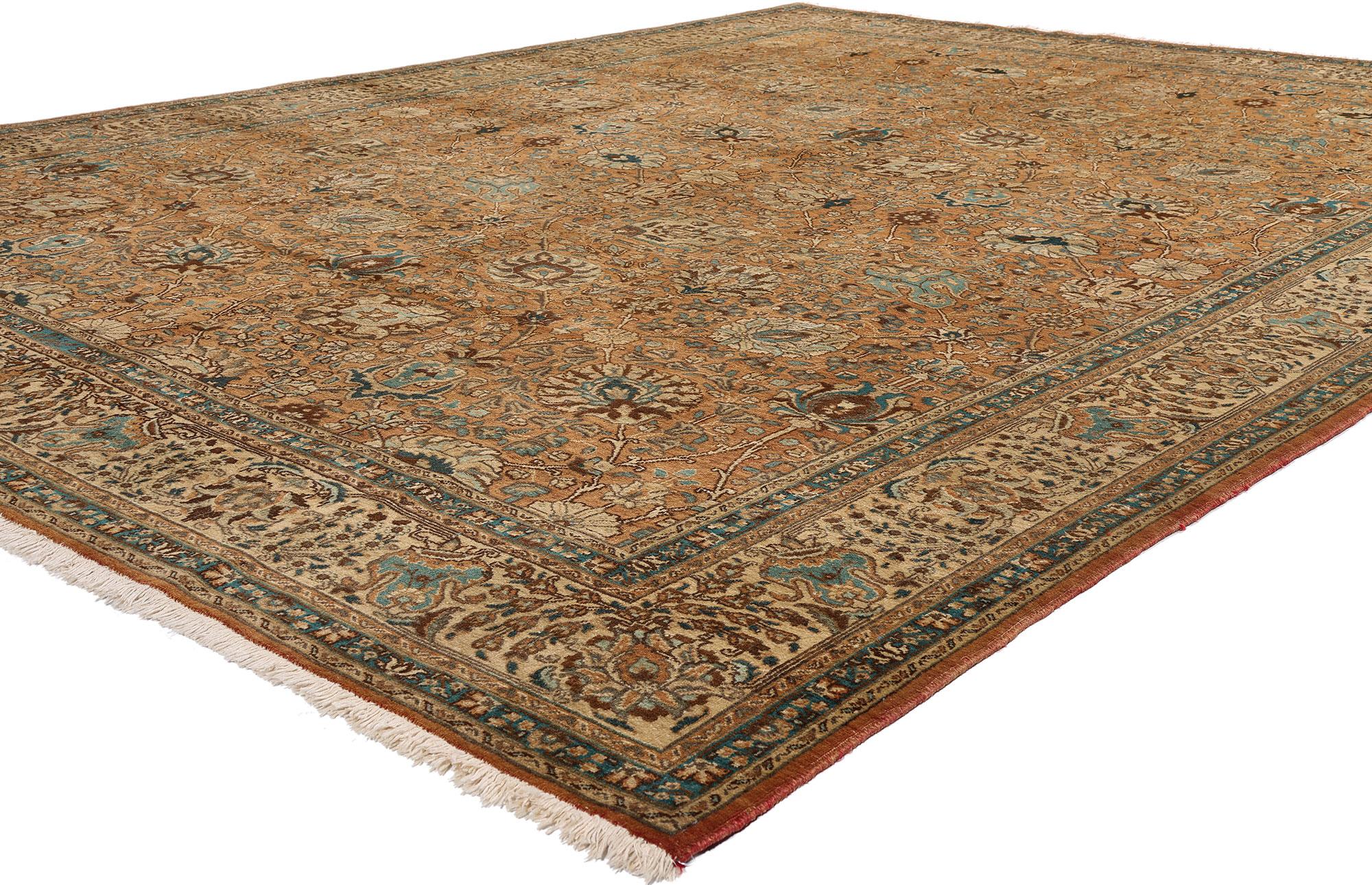 75603 Vintage Persian Tabriz Rug, 10'05 x 13'05. An opulent celebration of botanical grandeur and regal artisanship, this hand-knotted wool vintage Persian Tabriz rug radiates an air of timeless prestige and refined abundance. Its richly burnished