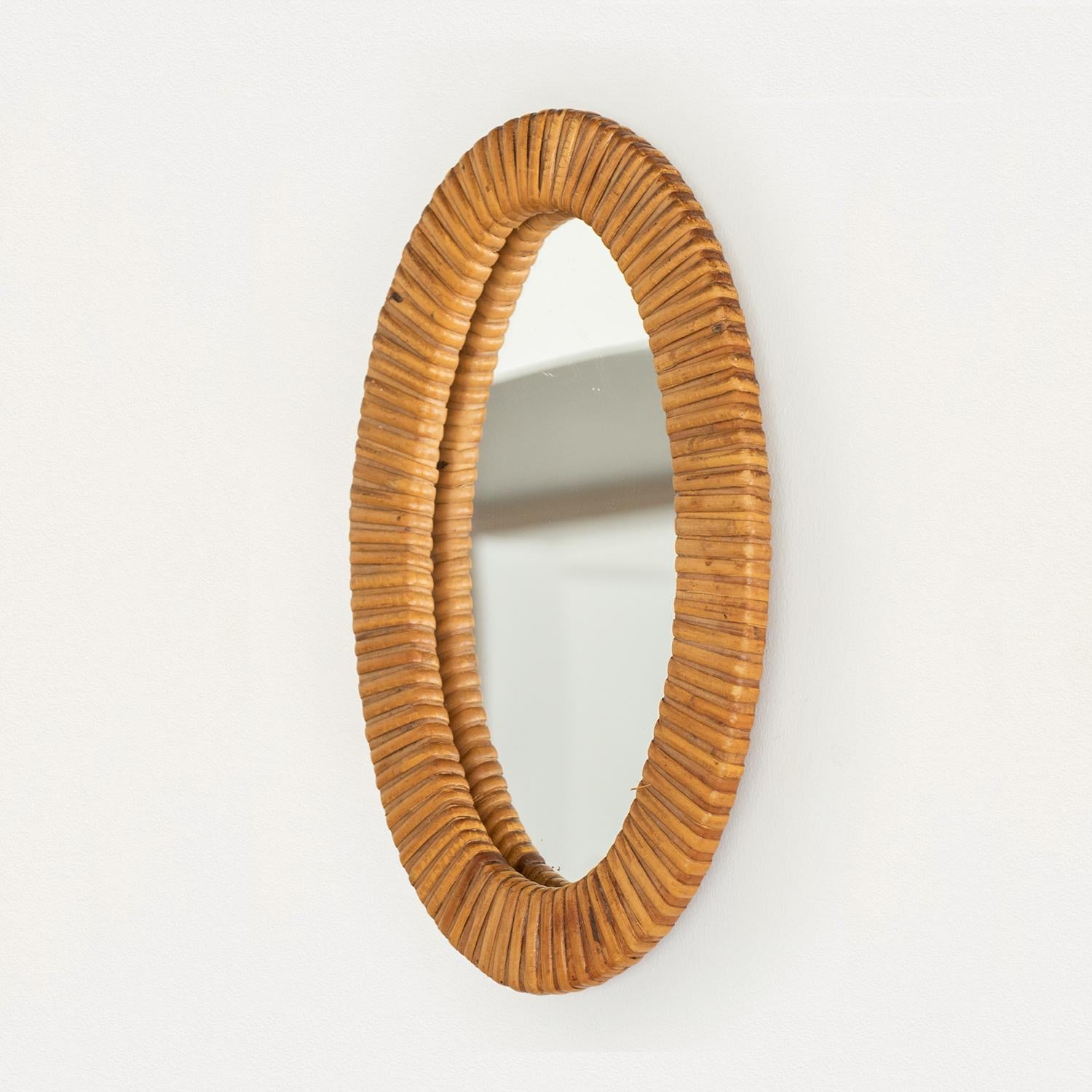 1960's Petite French Oval Rattan Mirror In Good Condition In Los Angeles, CA