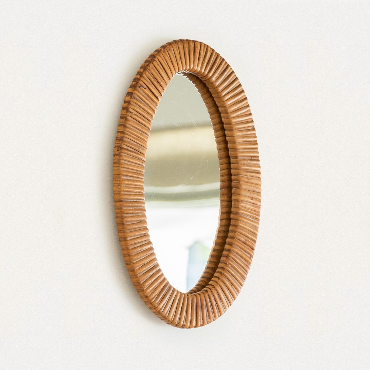 20th Century 1960's Petite French Oval Rattan Mirror