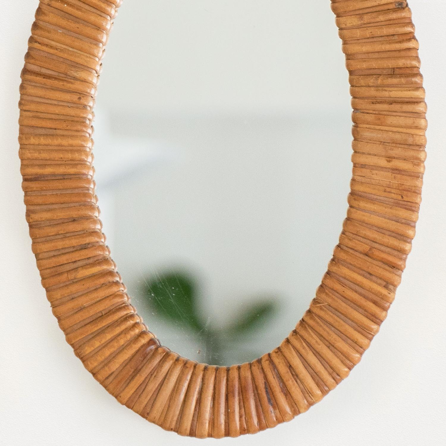 1960's Petite French Oval Rattan Mirror 1